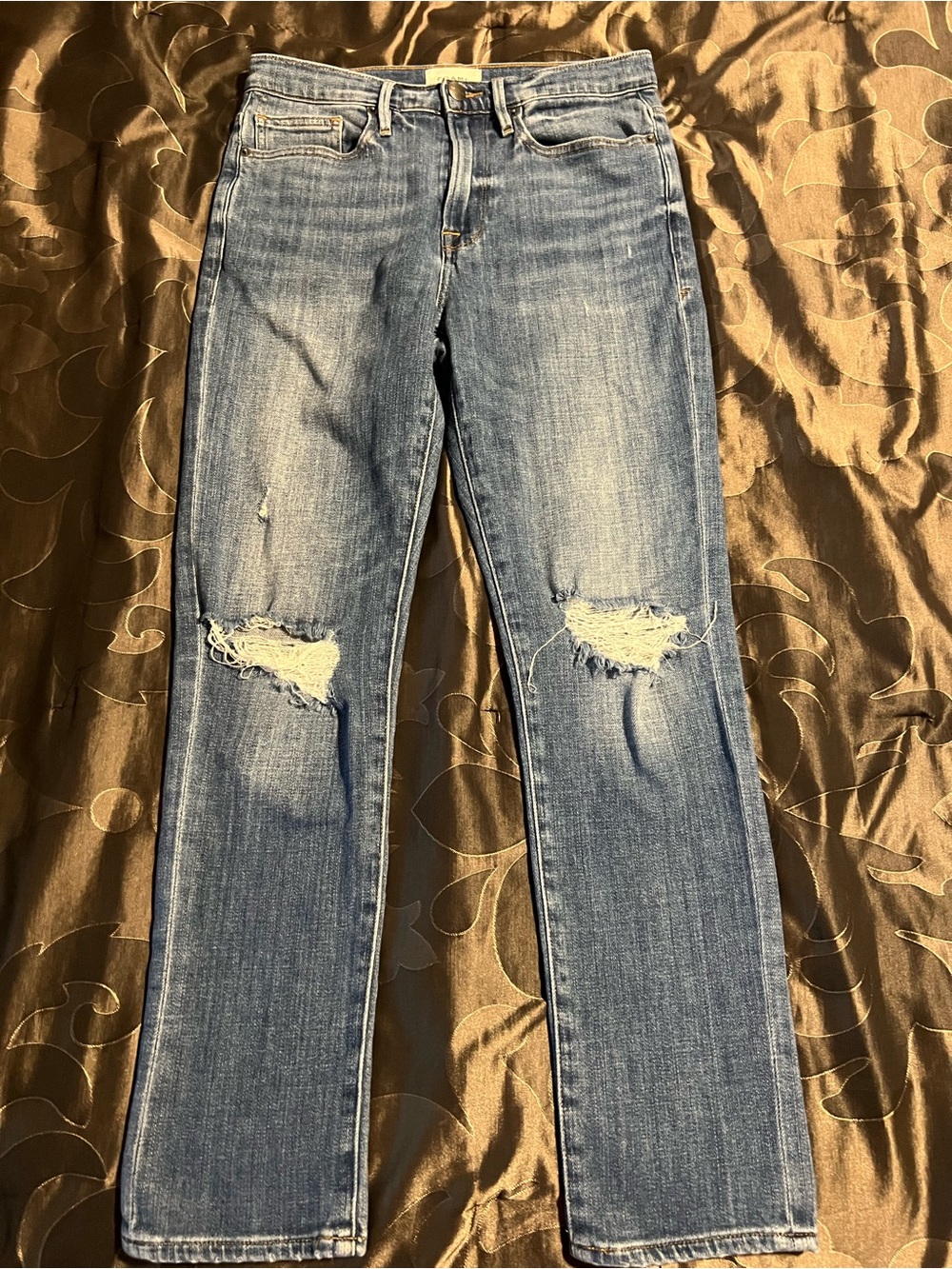 Frame Denim Le Beau Cleo Rips Medium Blue Distressed Straight-Leg Jeans  24